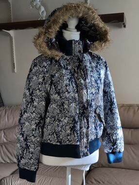 Bellfield Navy Floral Quilted Bomber Jacket with Faux Fur Hood Size L